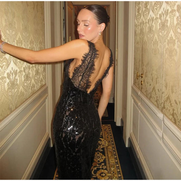 Alina Midnight Lace Sequin Maxi Dress