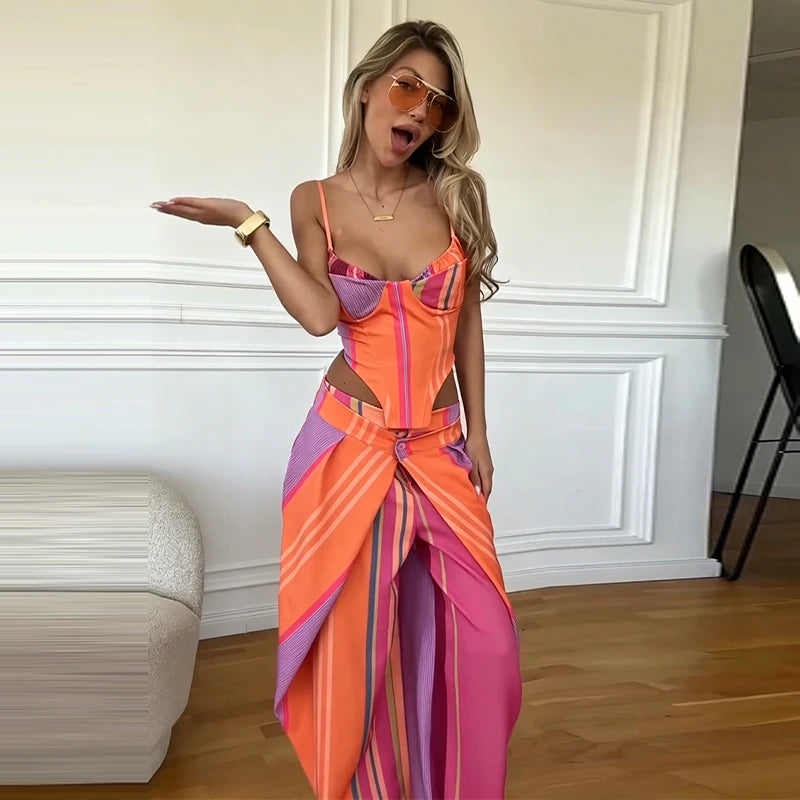Valentina Striped Lace-Up Tube Top & Wrap Wide-Leg Pants Two-piece