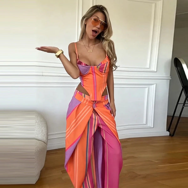 Valentina Striped Lace-Up Tube Top & Wrap Wide-Leg Pants Two-piece
