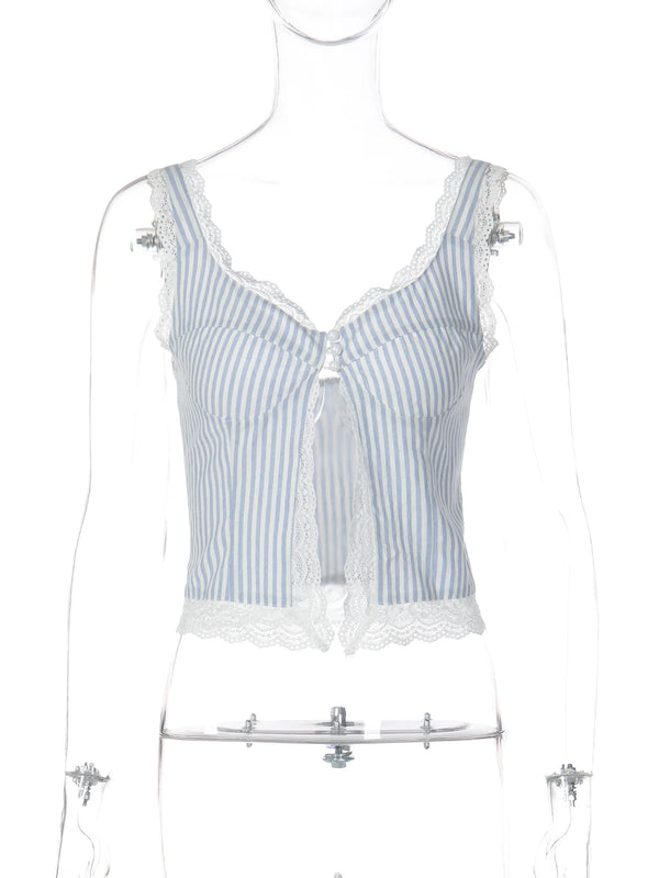 Fionnuala Striped Lace-Trim Button Front Crop Cami One-piece