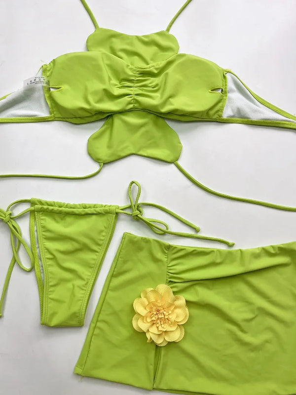 Temperance 3D Flower Halter Bikini & Skirt Three-piece