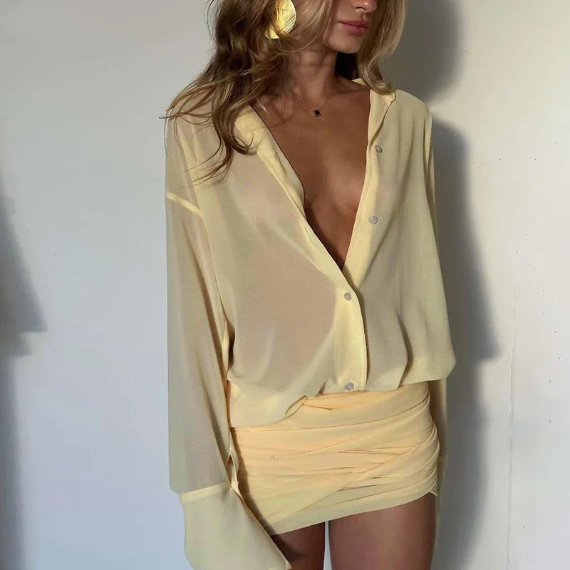 Camille Sheer Lapel Flare-Sleeve Ruched Mini Dress
