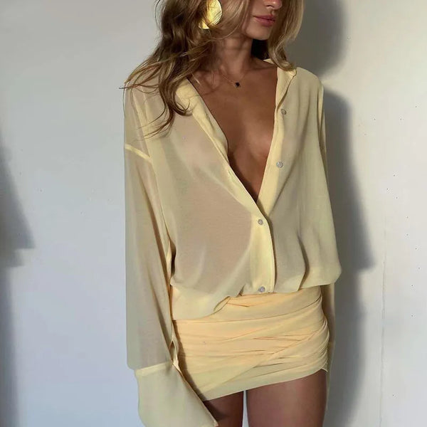 Camille Sheer Lapel Flare-Sleeve Ruched Mini Dress