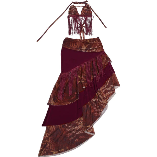 Zelda Asymmetrical Fringe Halter Maxi Skirt Set Two-piece