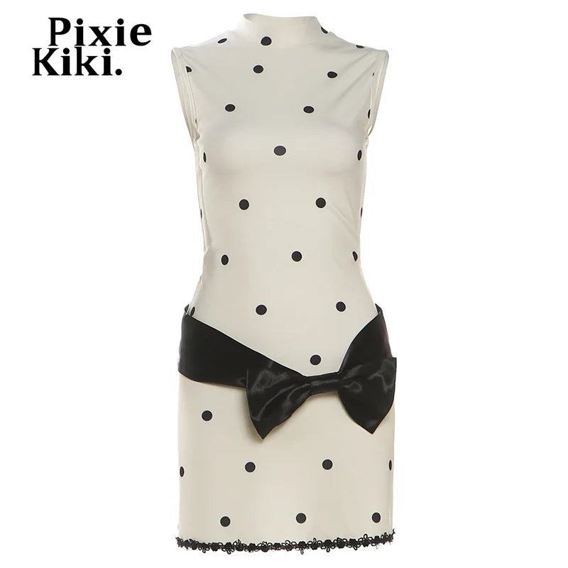 PixieKiki Polka Dot Print Sleeveless Bow Mini Dress Vintage Clothes for Women Elegant Dresses P94-CD29