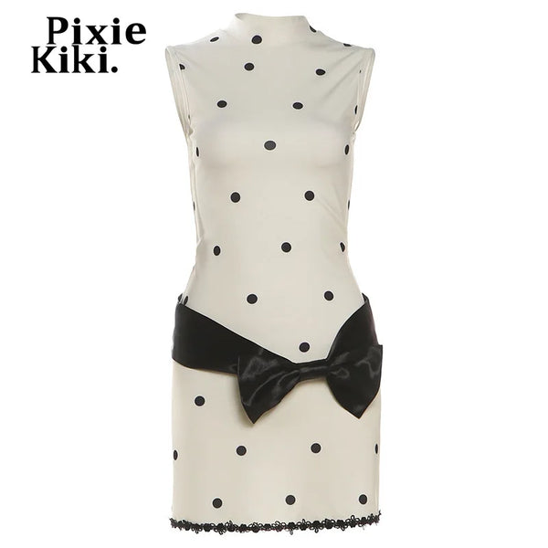PixieKiki Polka Dot Print Sleeveless Bow Mini Dress Vintage Clothes for Women Elegant Dresses P94-CD29