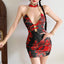 Wanda Red Floral Halter Plunge Cut-Out Bodycon Mini Dress
