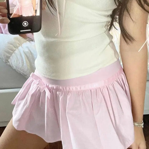 Mireia Pink Bow Pleated A-Line Mini Skirt Apparel One-piece