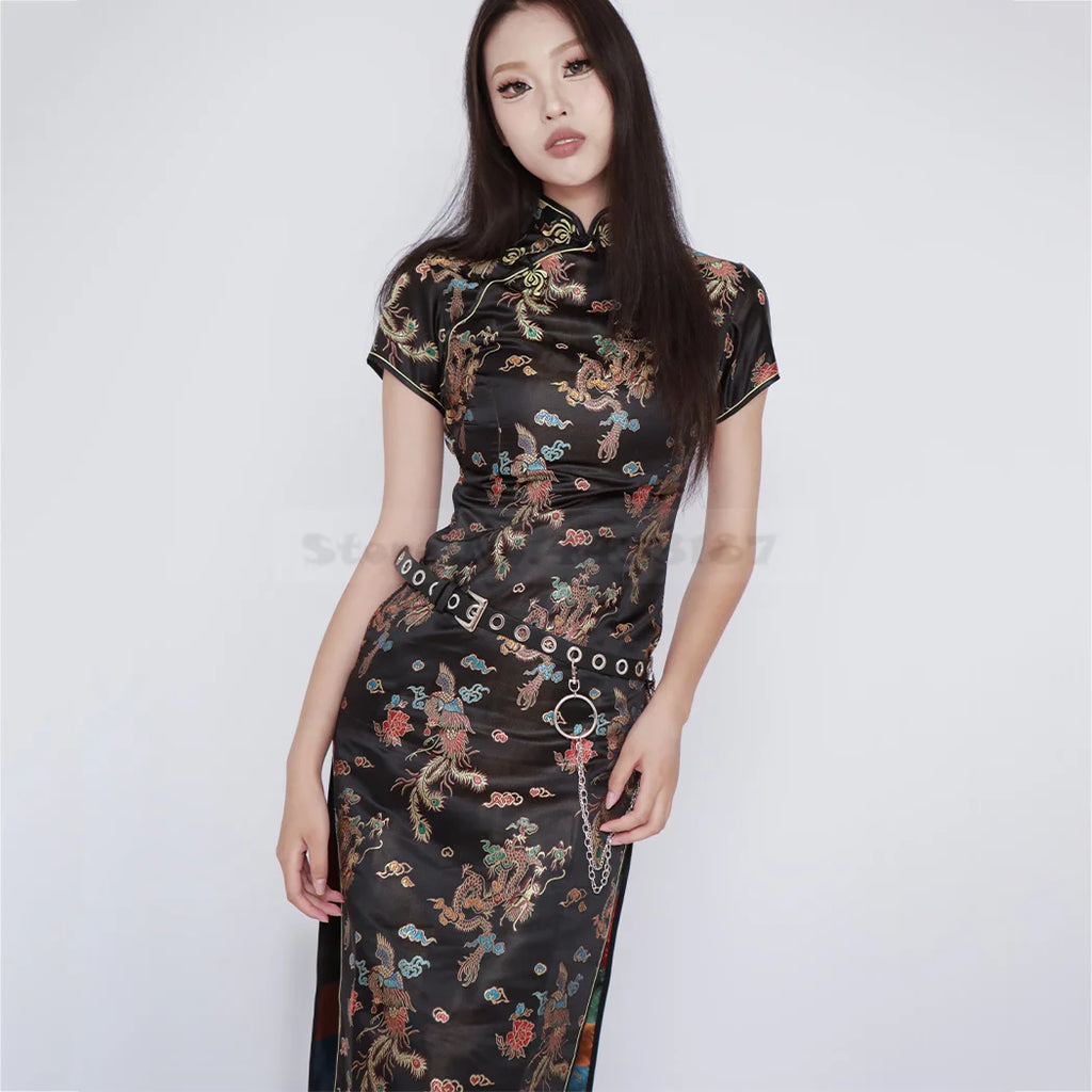 Feng Dragon-and-Phoenix Satin Qipao Maxi Dress