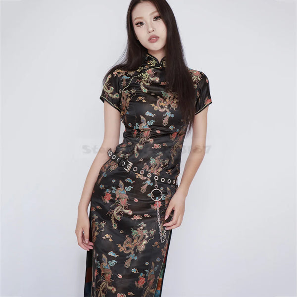 Feng Dragon-and-Phoenix Satin Qipao Maxi Dress