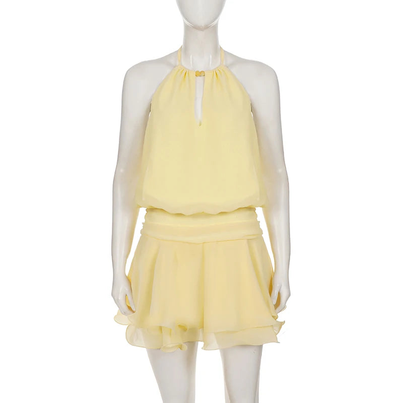 Celestine Yellow Boho Ruffle Halter Mini Dress