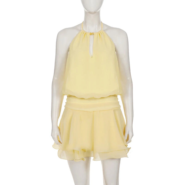 Celestine Yellow Boho Ruffle Halter Mini Dress