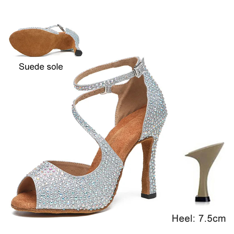 DKZSYIM Latin Dance Shoes For Women Ballroom Tango Rhinestones Dancing Shoes High Heels Black/Silver/Gold Women's Wedding Shoes