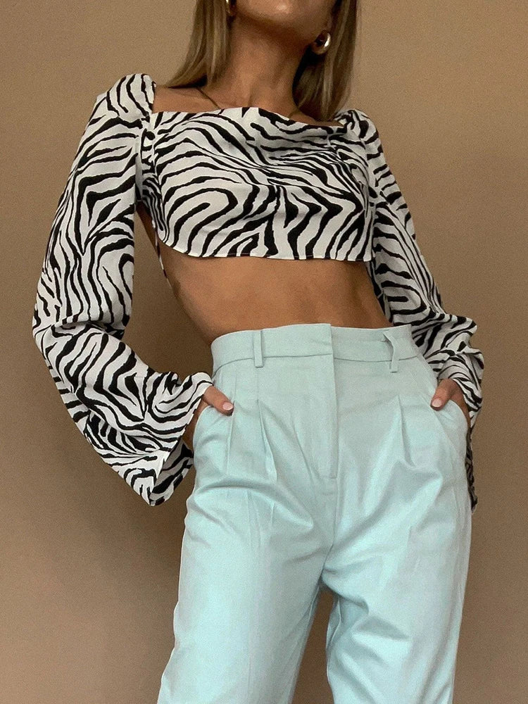Zelda Zebra-Print Lace-Up Long-Sleeve Crop Top One-piece
