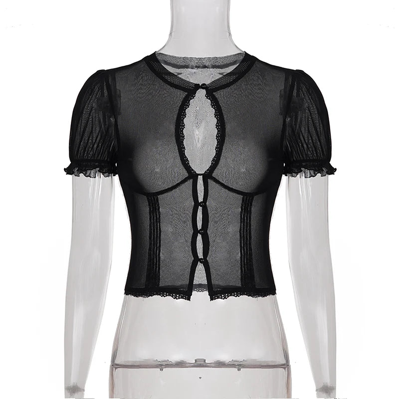 Selena Noir Mesh Lace Keyhole Top