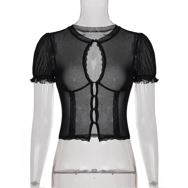 Selena Noir Mesh Lace Keyhole Top
