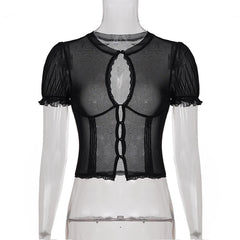 Selena Noir Mesh Lace Keyhole Top
