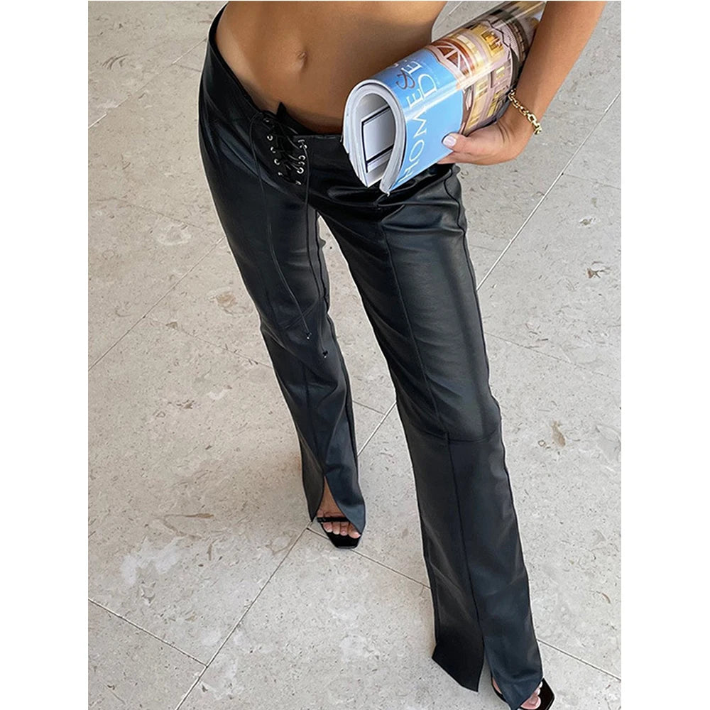 Jovanka Lace-Up Front Faux Leather Wide-Leg Pants One-piece