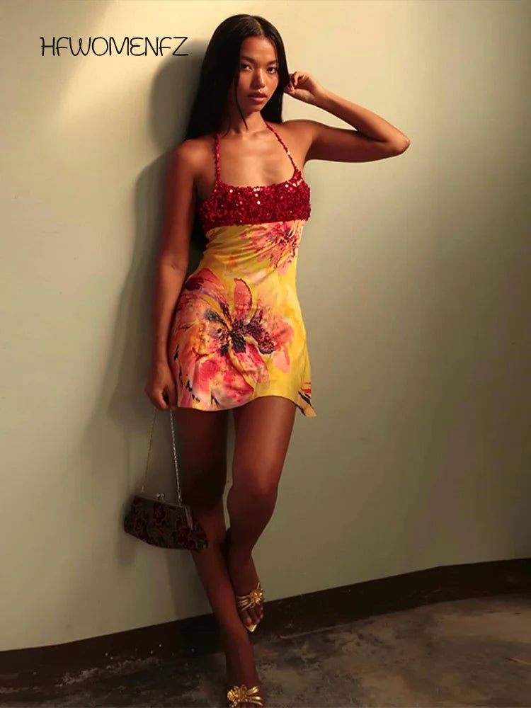 Alessia Sequin Print Halter Mini Dress