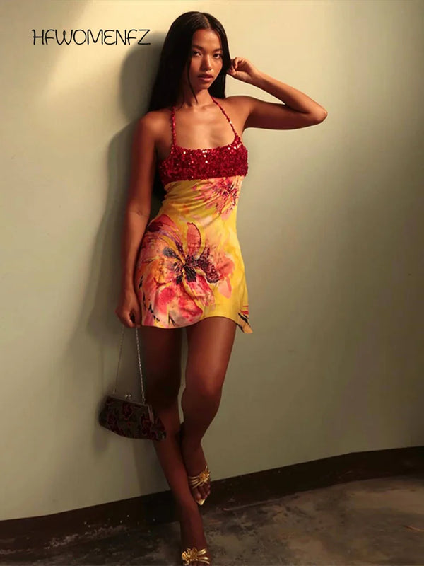 Alessia Sequin Print Halter Mini Dress