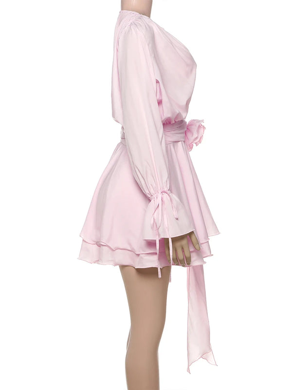 Gwendolen 3D Rose Ruched Flare-Sleeve Bodycon Mini Dress