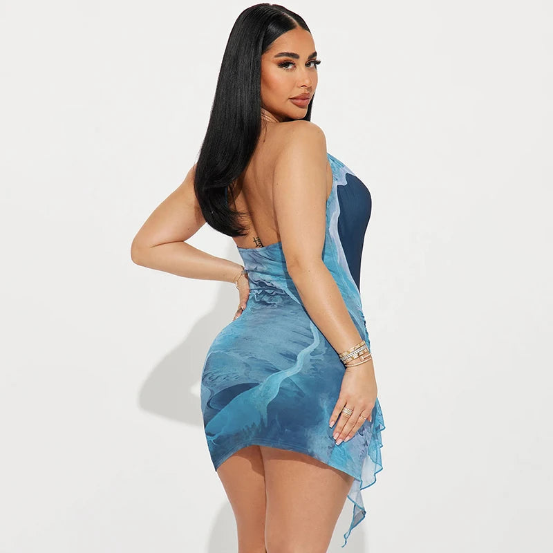 Eliana Scenery-Print Halter Ruffle Mini Dress