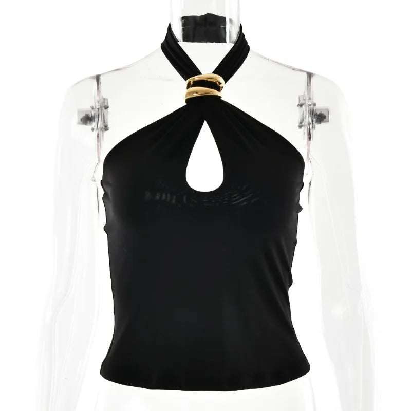 Liora Black Gold Buckle Cutout Halter One-piece