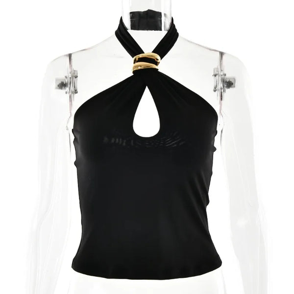 Liora Black Gold Buckle Cutout Halter One-piece