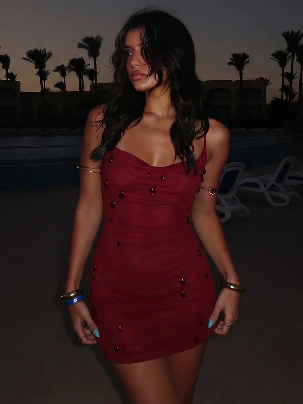 Yvette Burgundy Crystal Lace-Up Mini Dress