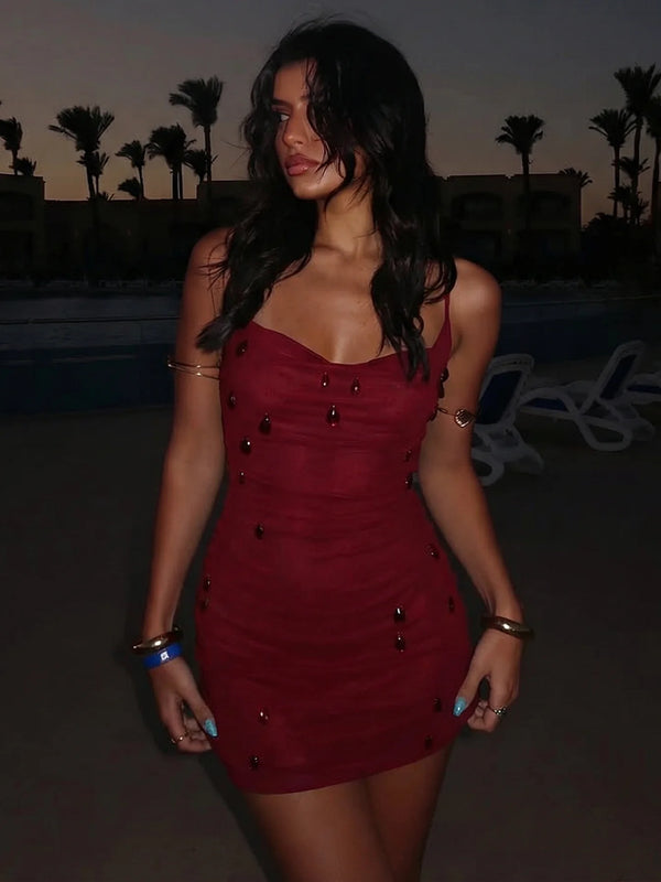 Yvette Burgundy Crystal Lace-Up Mini Dress