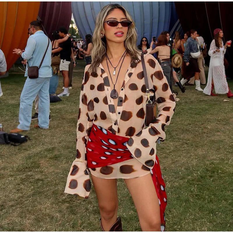 Fashion Printed Detachable Scarf Shirt Dress Women Flare Sleeve Single Breasted Mini Dresses 2026 Summer New Lady Vacation Wear