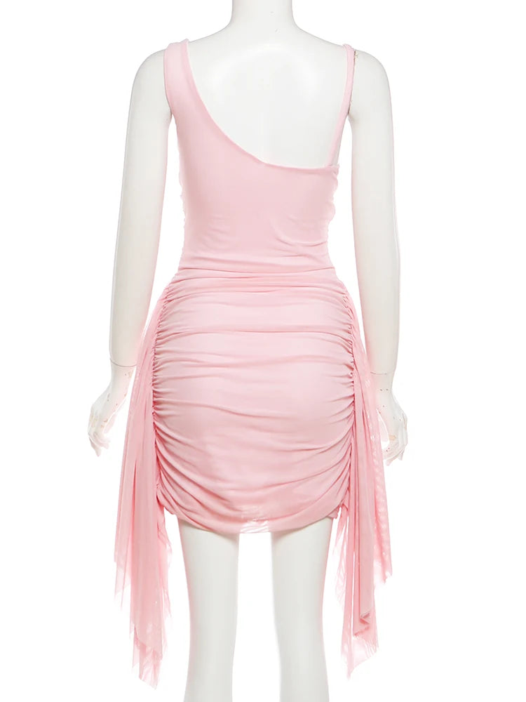 Kliou Mesh Patchwork Pink Dress Woman Summer Trend Low-Neck Backless Ruffles Tassel Skinny Wrap Hip Ruched Elegant Mini Bodycon