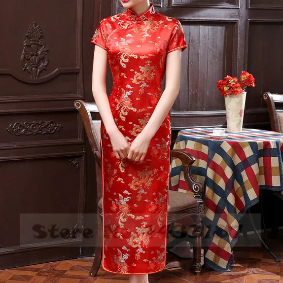 Feng Dragon-and-Phoenix Satin Qipao Maxi Dress