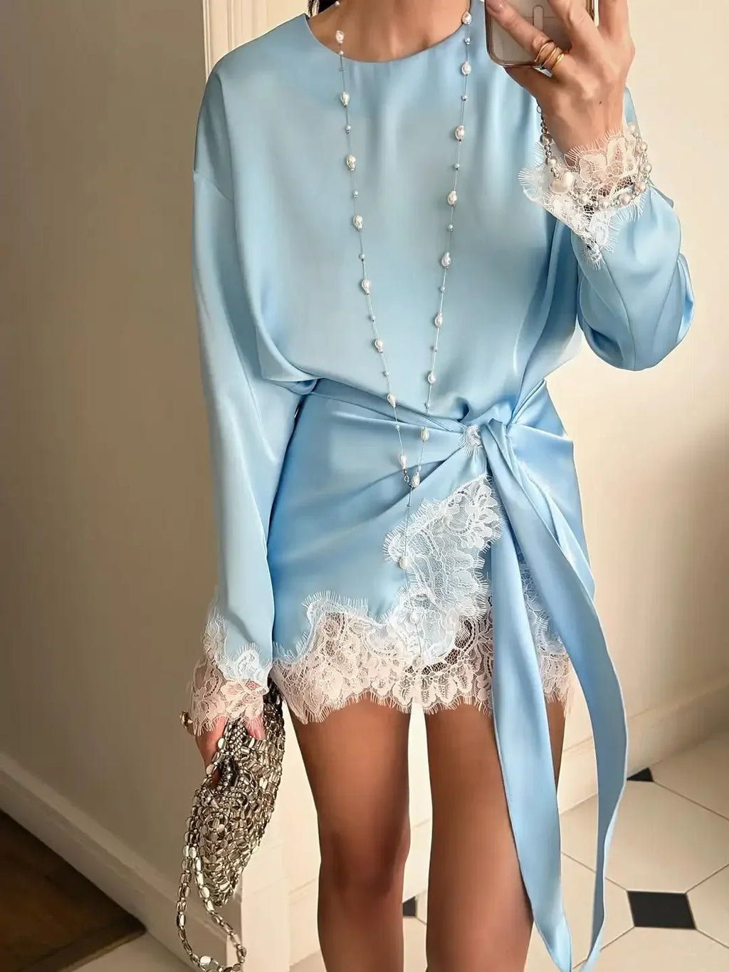 Amara Satin Lace Long-Sleeve Mini Dress