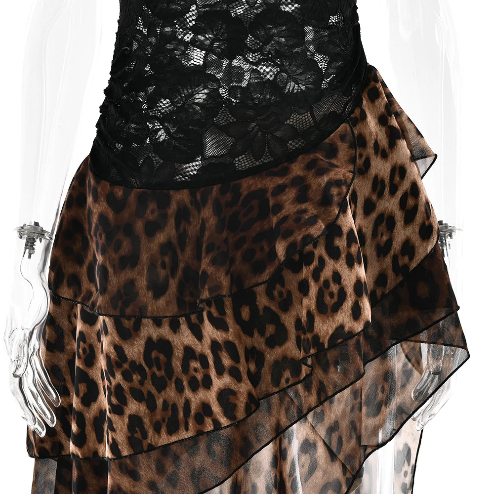 Amaranta Sheer Lace & Leopard One-Shoulder Ruffle Dress