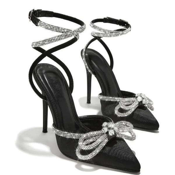 Celandine Crystal Butterfly-Knot Buckle Pointed-Toe Stiletto Pumps