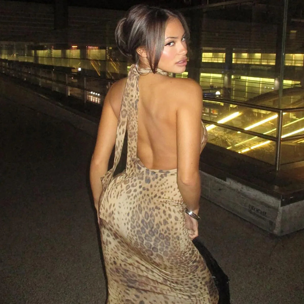 Leopoldine Leopard Print Halter Backless Bodycon Maxi Dress