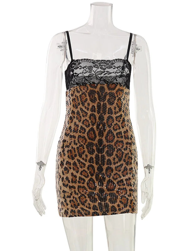 Solveig Sequin Leopard Lace-Trim Cami Bodycon Mini Dress