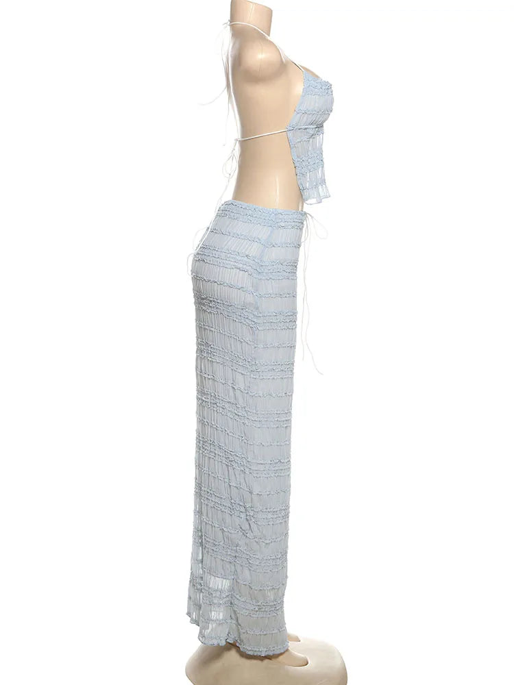 Oksana Sheer Crinkle Mesh Halter Lace-Up Crop Top & Maxi Skirt Two-piece