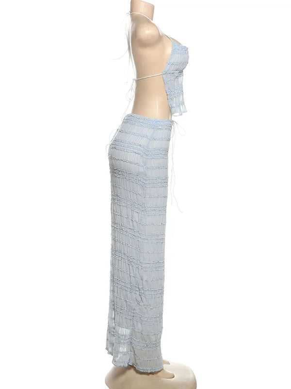 Oksana Sheer Crinkle Mesh Halter Lace-Up Crop Top & Maxi Skirt Two-piece