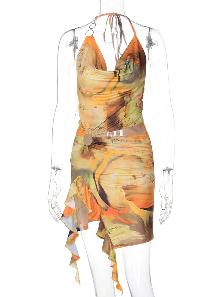 Eliana Scenery-Print Halter Ruffle Mini Dress
