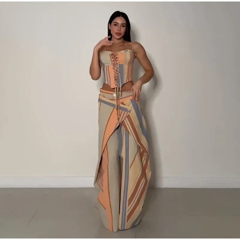 Valentina Striped Lace-Up Tube Top & Wrap Wide-Leg Pants Two-piece