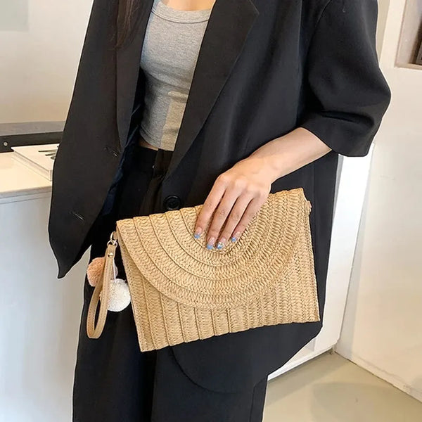 Soleil Woven Straw Envelope Crossbody Bag