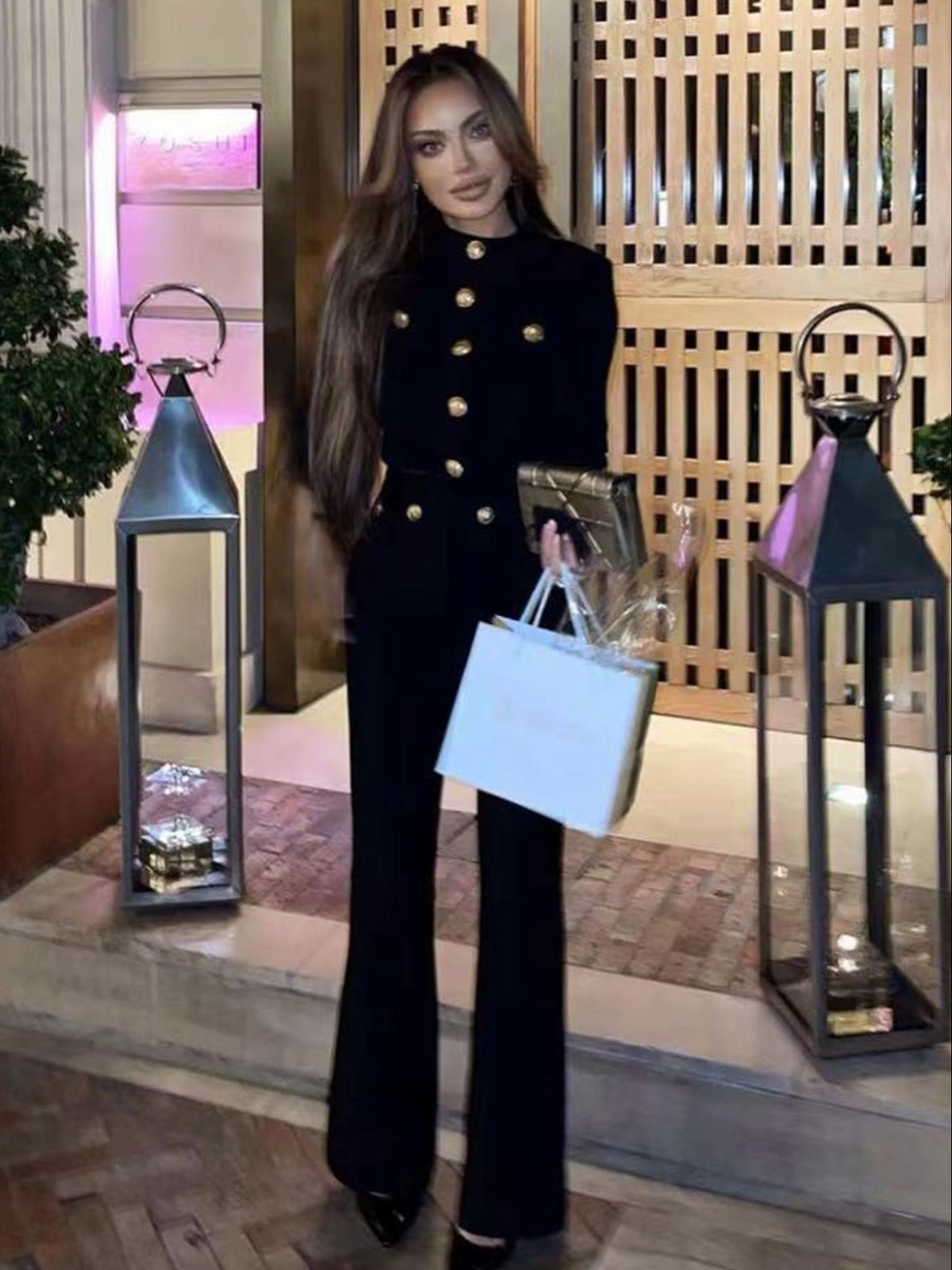 New  Autumn Casual Women Bandage 2 Two Pieces Sets Sexy Long Sleeve Button Coat &amp; Full Pants Black O Neck Club Party Set