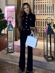 New  Autumn Casual Women Bandage 2 Two Pieces Sets Sexy Long Sleeve Button Coat &amp; Full Pants Black O Neck Club Party Set