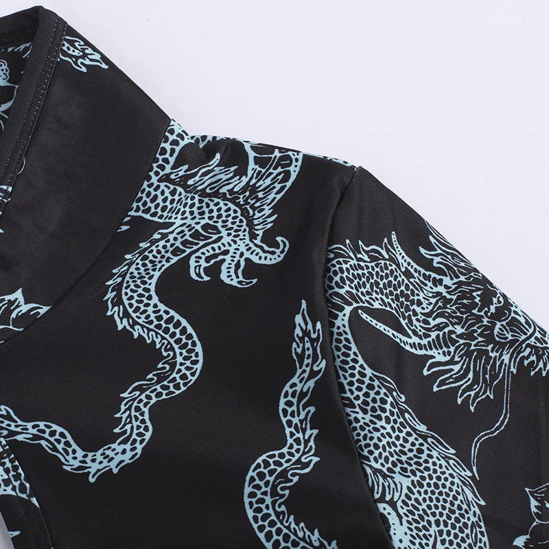 Xiaolan Dragon Print Keyhole Mandarin-Collar Qipao Bodycon Mini Dress