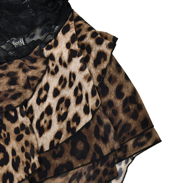 Amaranta Sheer Lace & Leopard One-Shoulder Ruffle Dress