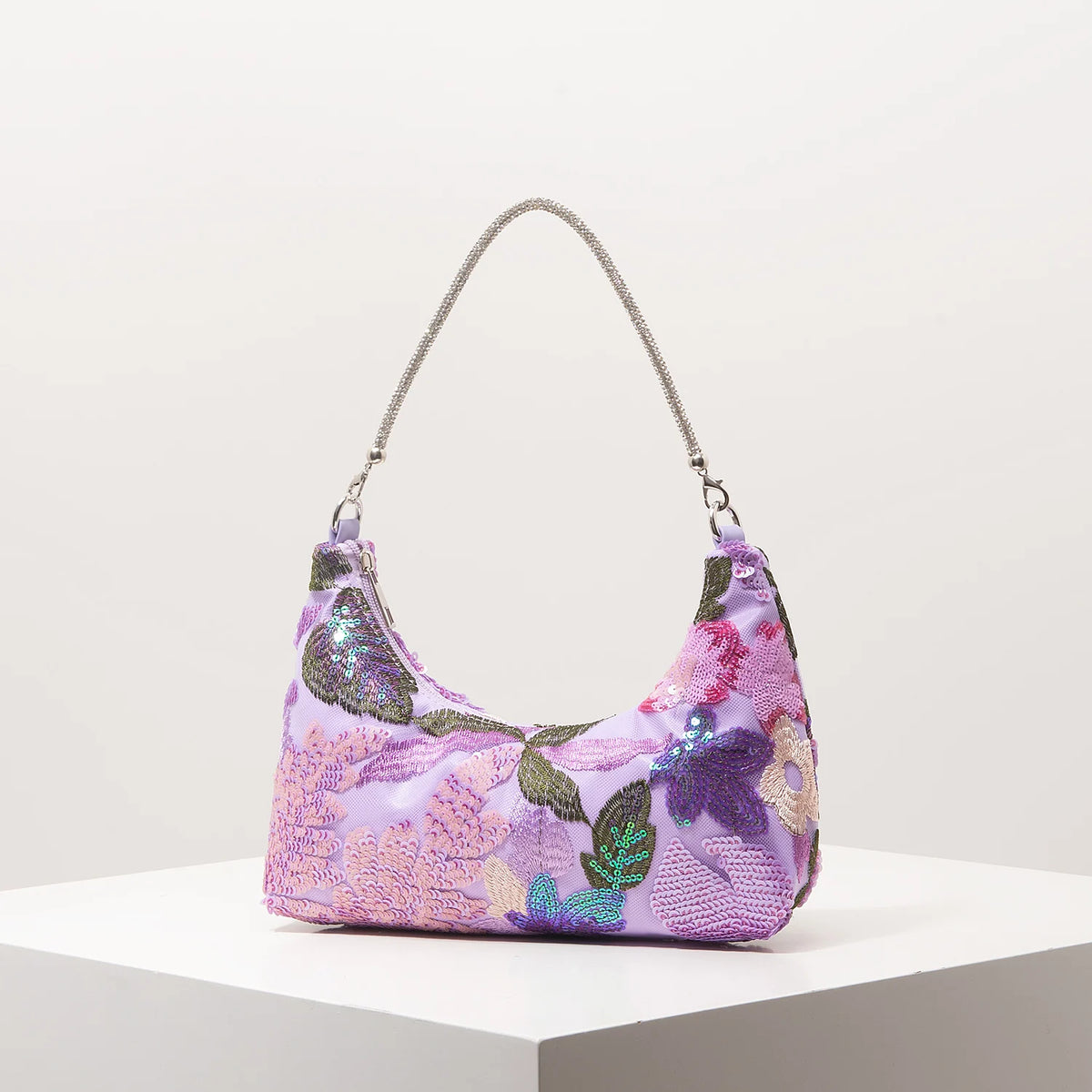 Florentina Floral Sequin Embroidered Half-Moon Shoulder Bag
