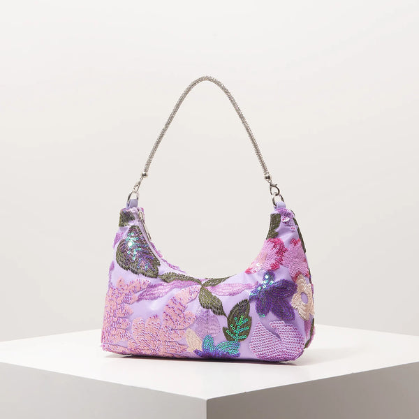 Florentina Floral Sequin Embroidered Half-Moon Shoulder Bag