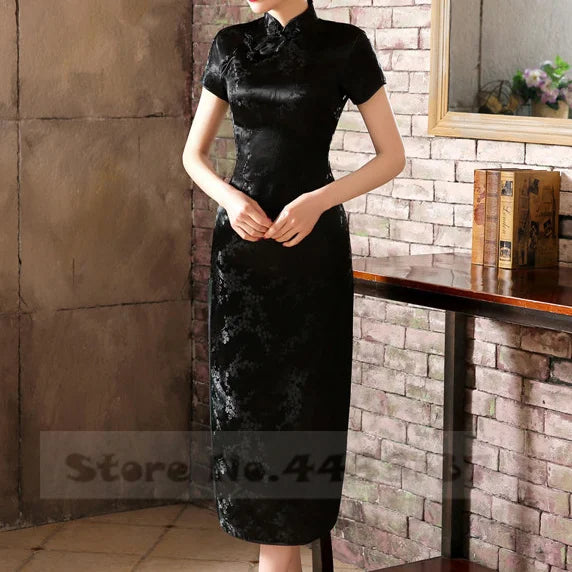 Feng Dragon-and-Phoenix Satin Qipao Maxi Dress